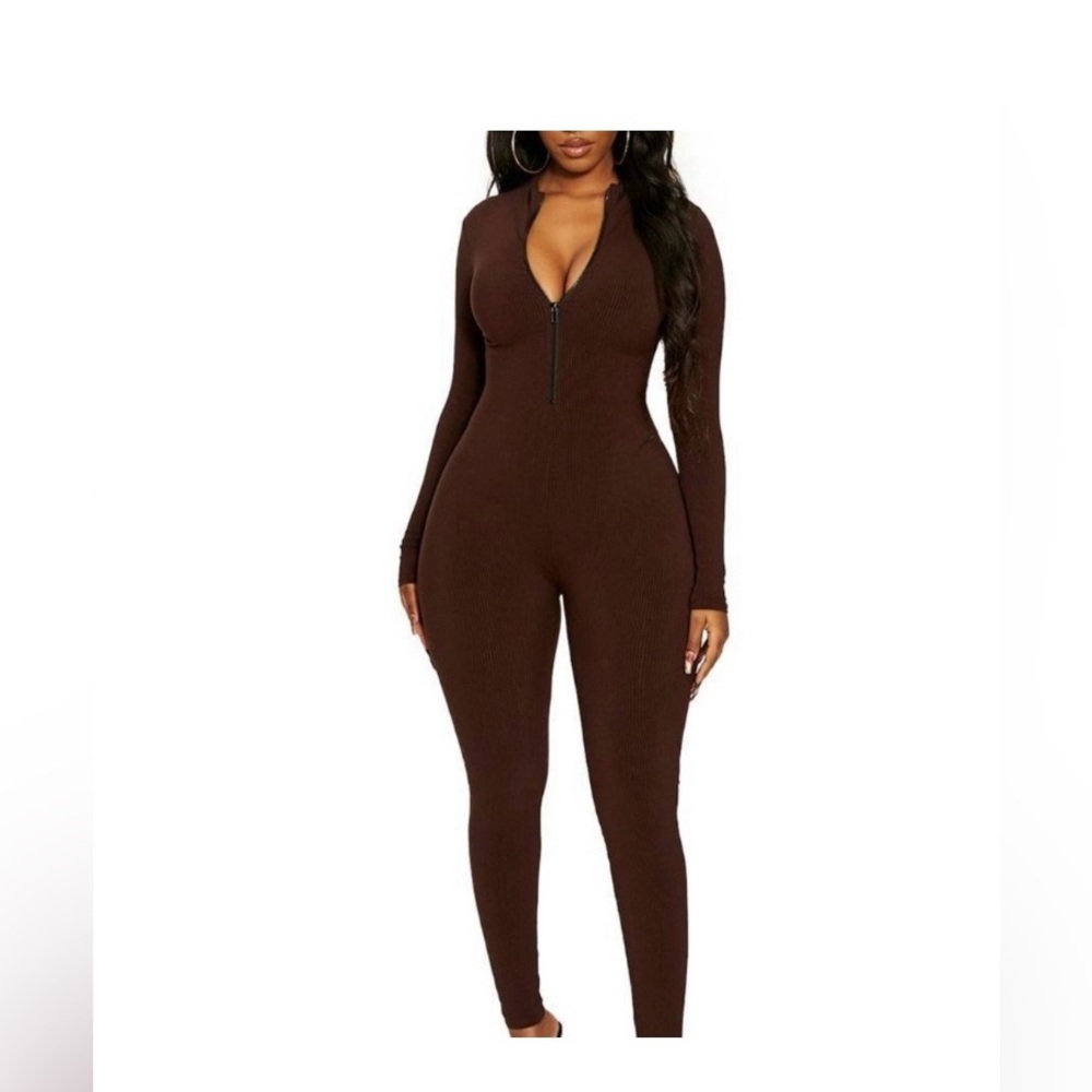 **SOLD** NWOT Naked Wardrobe All Snatched and Zipped Jumpsuit Dark Chocolate L